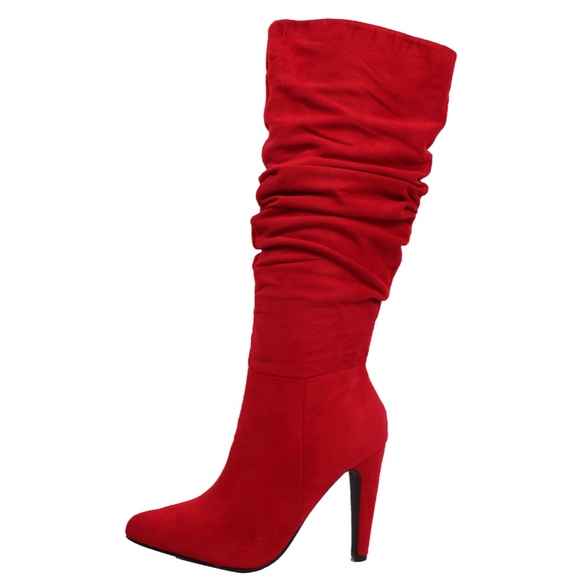 Shoes - Red Faux Suede Slouchy Knee High Stiletto Boot